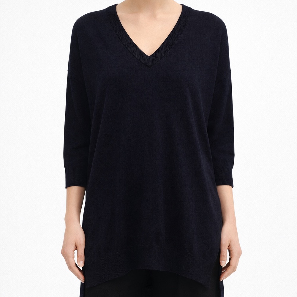 TOTEME Reno V-Neck Longline Lightweight Sweater Navy 3/4 Sleeve Wool Blend Sz XS